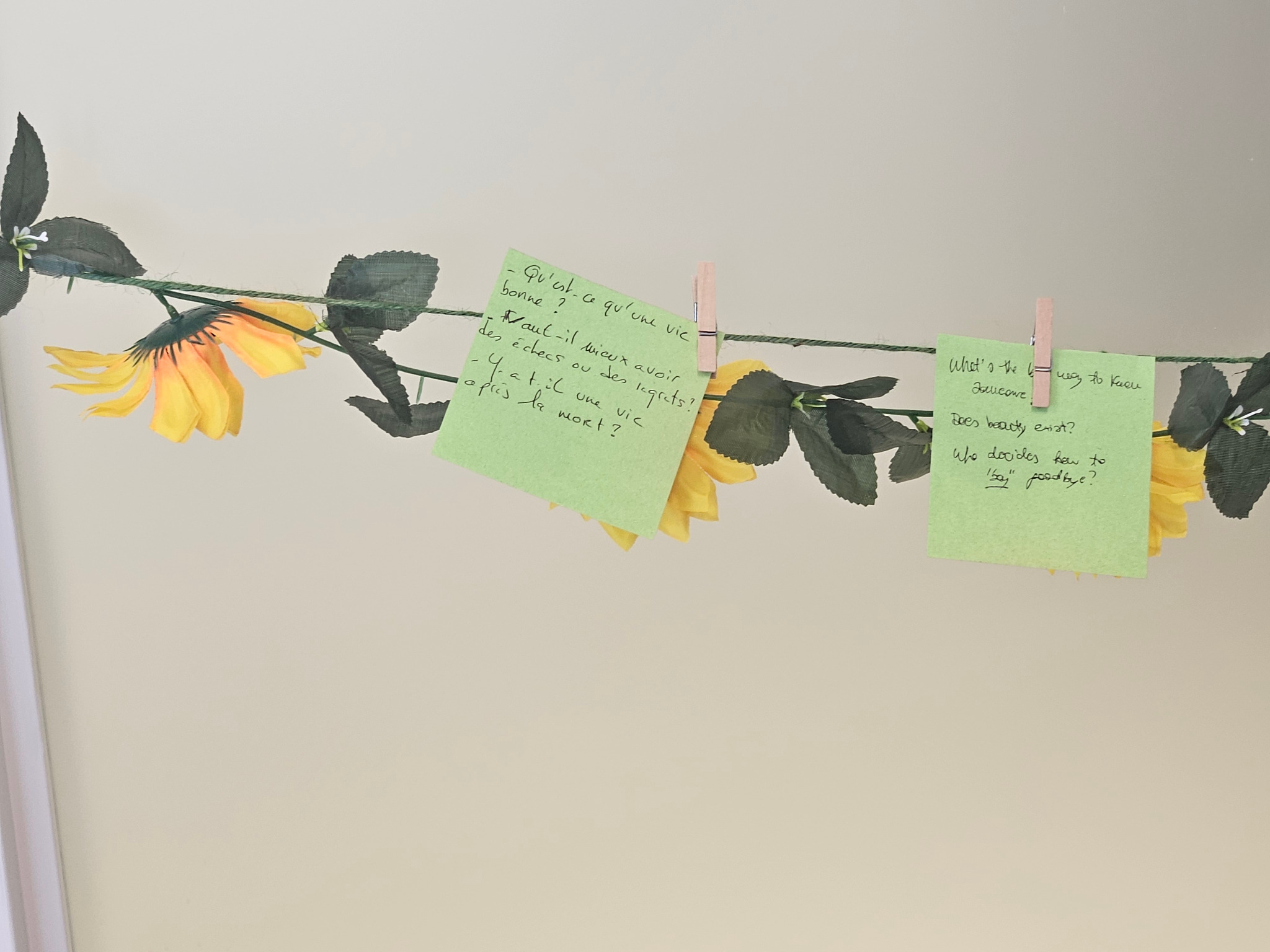 Zonnebloemen en filosofische vragen aan een draad